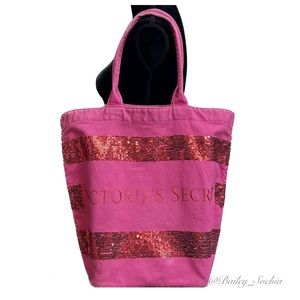 Victoria's Secret Pink Sequin Stripe Canvas Tote